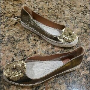 Tory Burch Espadrille Slip On Metallic Gold Flower Ballet Flats Womens Shoes 5